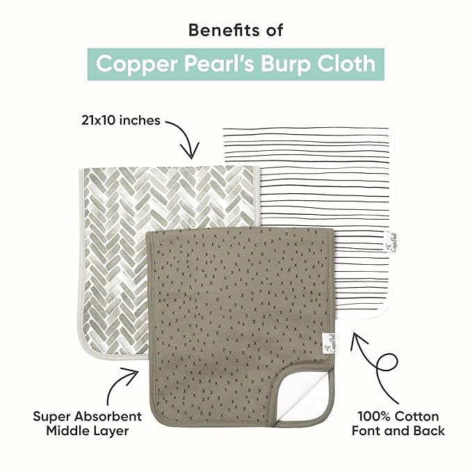 Copper Pearl Premium Baby Burp Cloths - 3-Pack Large Cotton Burp Cloths, Extra Soft Spit Up Rags with 3 Absorbent Layers, Perfect for Baby Boy and Baby Girl Gifts (21" x 10" Size, Cove Set)