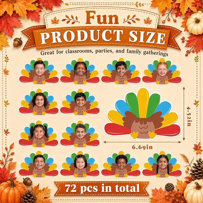 Gersoniel 72 Pcs Kid Fall Turkey Decor Autumn Cartoon Bulletin Board Cutout | - Image 2