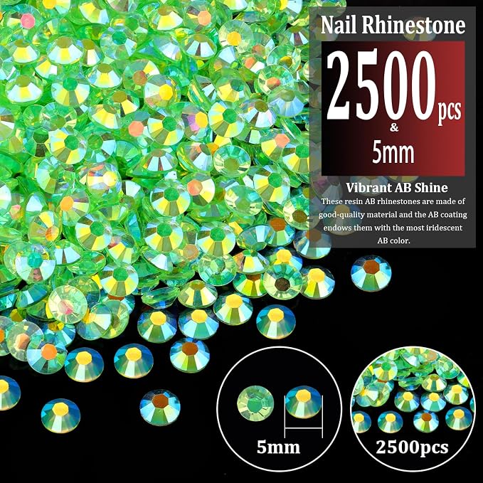 2500pcs 5mm Resin Rhinestones Bulk, Transparent Grass Green AB Flatback Round - Image 2