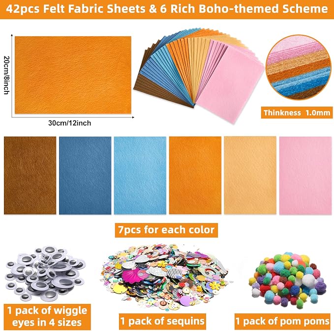 42Pcs Boho Felt Fabric Sheets 8 x 12 Inch Brown Beige Blue Assorted Soft Thick - Image 2
