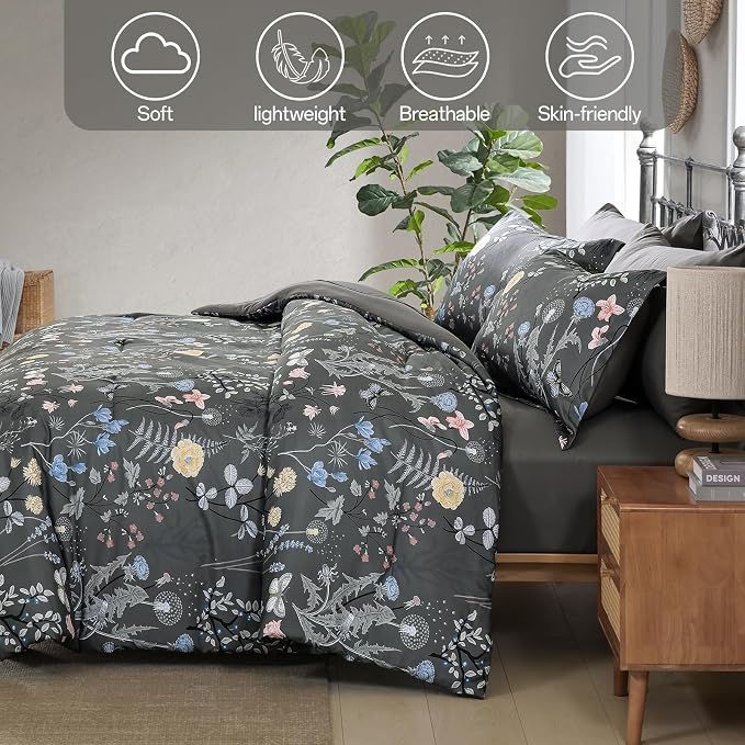 Yiran 7 Piece Grey Floral Comforter Set King Size, Botanical Flowers Bed in a - Image 6