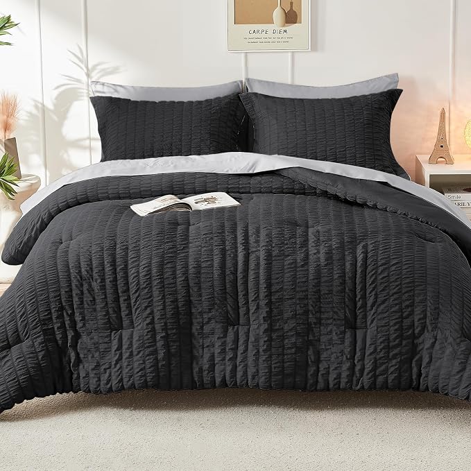 HYMOKEGE Black/Light Grey Queen Comforter Set Seersucker 7 Pieces, All Season - Image 7