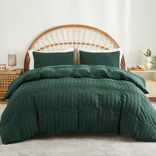 AveLom Dark Green Seersucker Duvet Cover Set Queen Size, 3 Pieces, Ultra Soft by AveLom