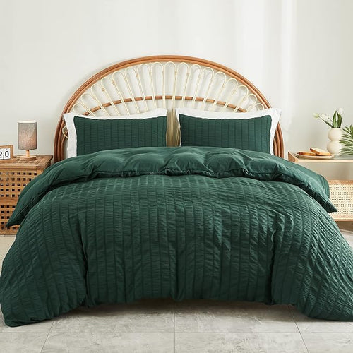 AveLom Dark Green Seersucker Duvet Cover Set King Size, 3 Pieces, Ultra Soft by AveLom