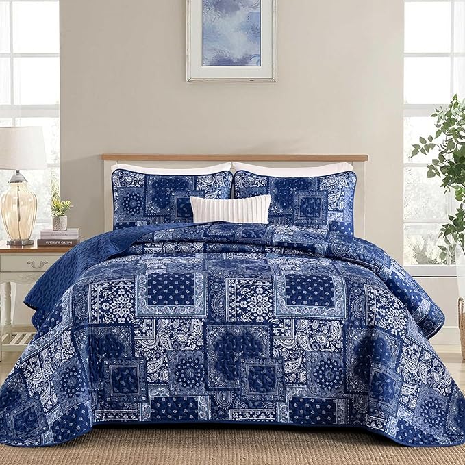 Cottolester King Quilt Set 3 Pieces, Boho Farmhouse Bedspread Soft Microfiber by Cottolester