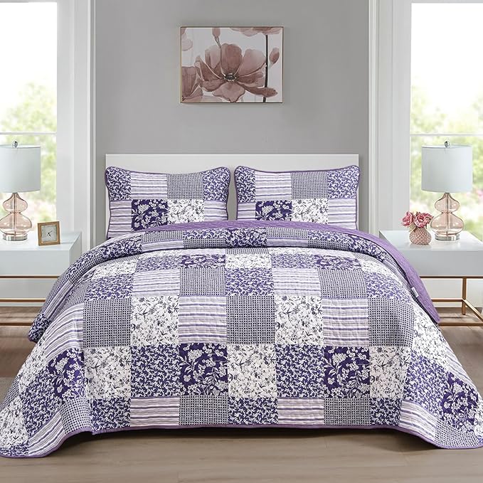 Mybedsoul Purple Quilt Set King Size Quilt Bedding Set Brown Plaid, 3 Pieces by Mybedsoul
