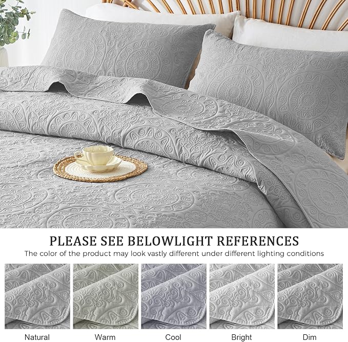 WURUIBO Light Gray Quilt Set King/Cal King Size, Embossing Microfiber Bedspreads - Image 5