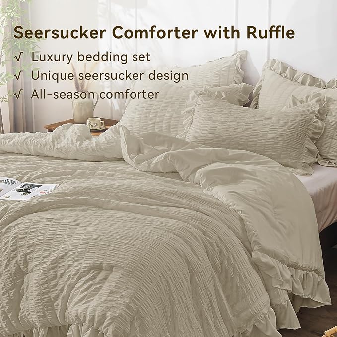 JOLLYVOGUE Queen Comforter Set, 3 Pieces Linen Seersucker Comforters Queen Size - Image 3