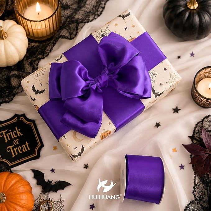 HUIHUANG Purple Wired Ribbon 2.5 inch Purple Satin Wire Edge Ribbon - Image 3