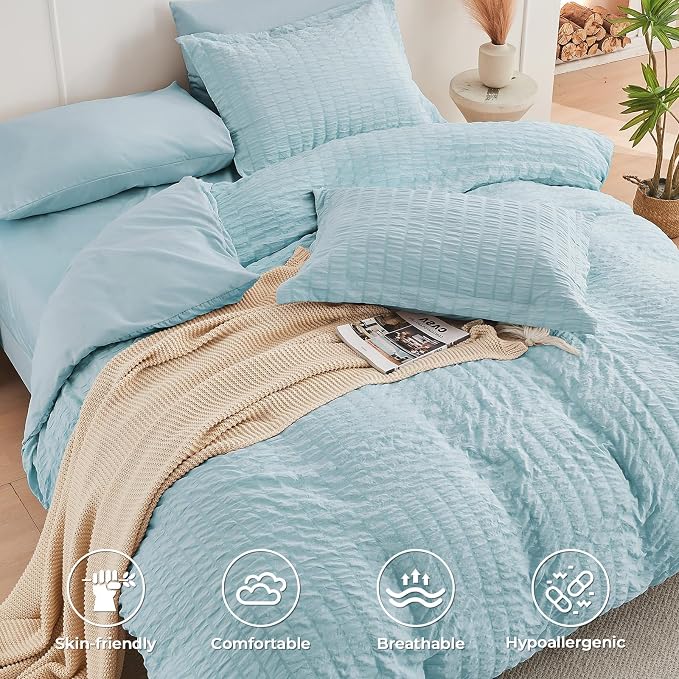 HYMOKEGE Lake Blue King Size Comforter Set Seersucker 7 Pieces, All Season - Image 3