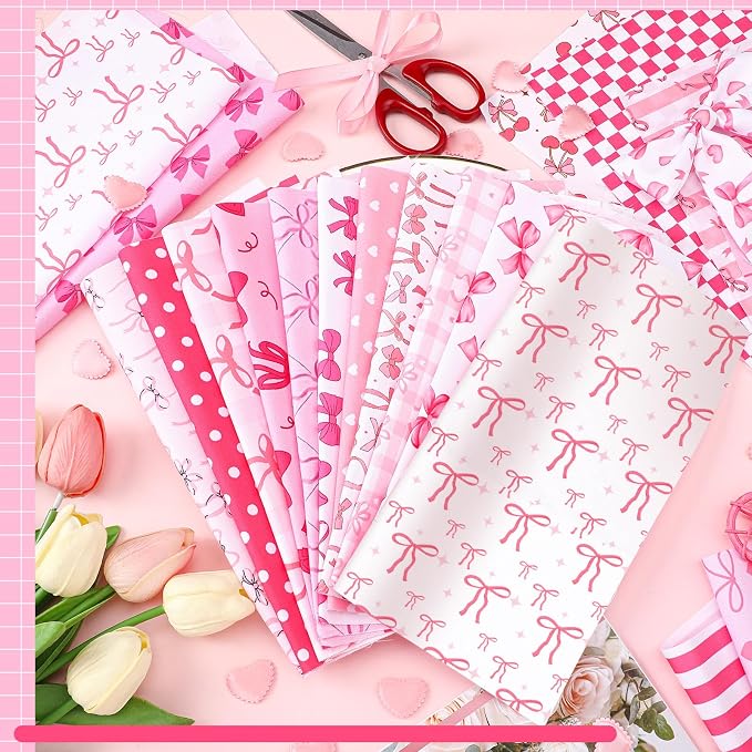 HunnmingRe 20 Pcs 10''x10'' Pink Bow Quilting Fabric Square Coquette Bow - Image 4