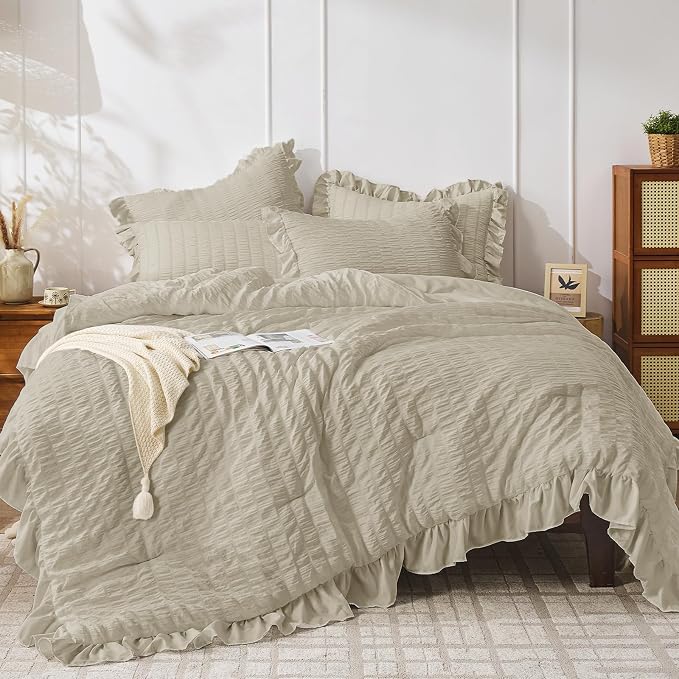 JOLLYVOGUE King Size Comforter Set, 3 Pieces Linen Seersucker Comforters King by JOLLYVOGUE