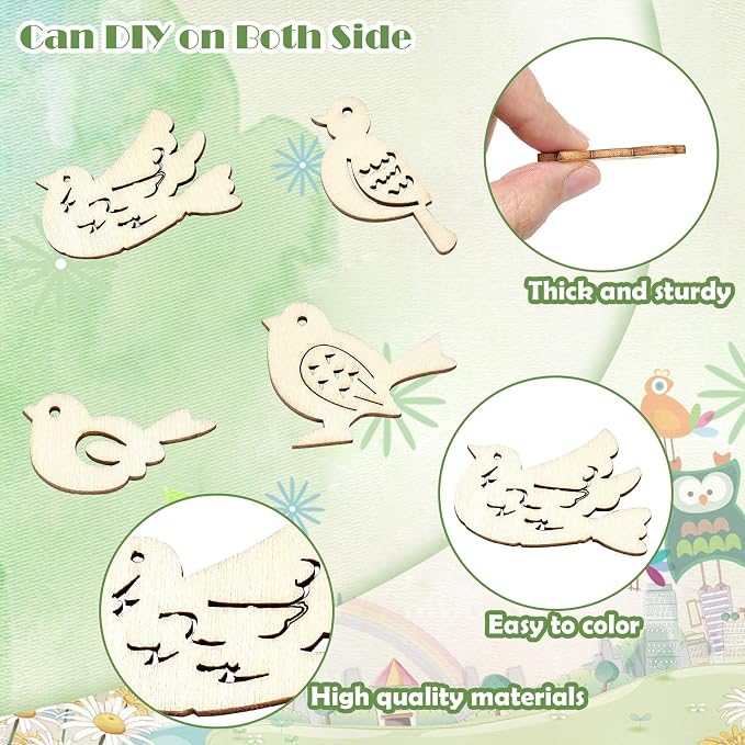 200 Pcs Unfinished Wooden Bird Cutouts Wood Animals Shapes Blank Wood Slices - Image 3