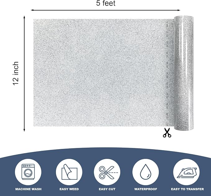 Silver Glitter Heat Transfer Vinyl 12" x 5 ft HTV - Image 2