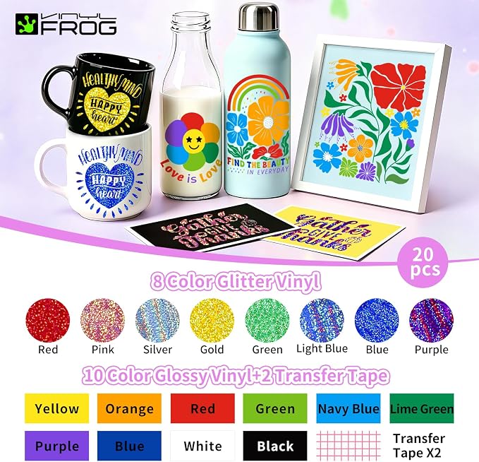 VINYL FROG Glitter Permanent Vinyl Bundle 20 Pack Glossy Holographic Adhesive - Image 2