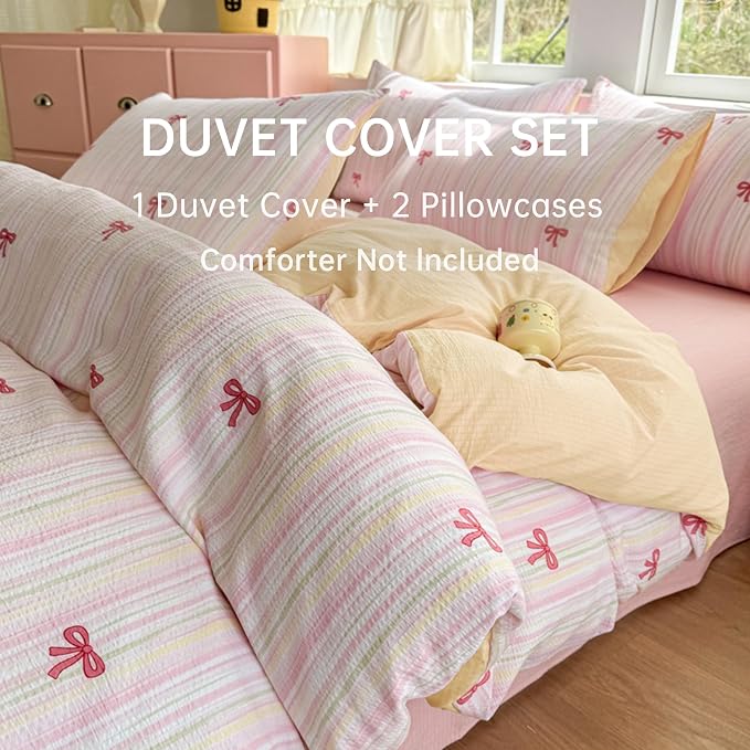 BOLINLIVING Pink Bow Duvet Cover King Size, Girls Cute Striped Bowknot Yellow - Image 6