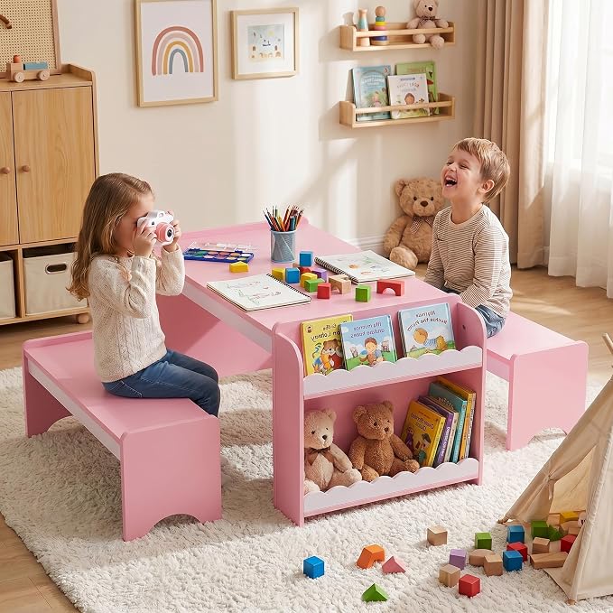 Kids Table and Bench Set, Montessori Kids Table and Chair Set, Indoor Wooden by Callales