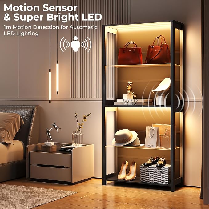 Display Cabinet with Glass Shelves, 4-Tier Display Shelf with LED Lights - Image 7