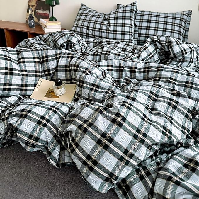 mixinni Vintage Grey & Pale Blue Buffalo Plaid Duvet Cover Set King Size - Image 7