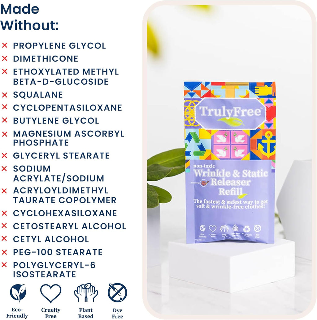 Truly Free Wrinkle & Static Releaser - Wrinkle Release for Clothes, Linen, & Sheet Fabrics - Static Guard Spray - Plant-Based - 1 Pouch 3oz Refill with 12oz Reusable Empty Spray Bottle