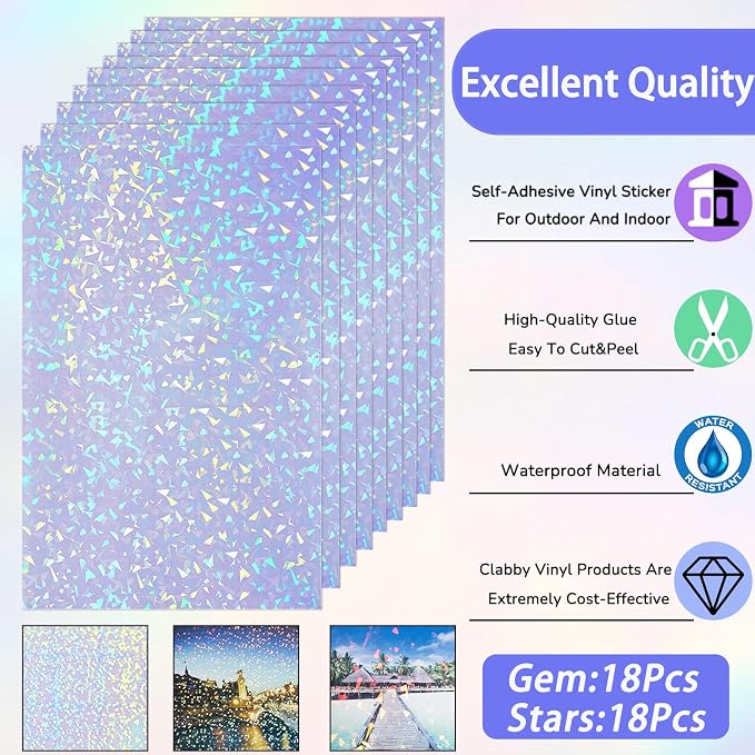 Clabby 36 Sheets Holographic Sticker Paper A4 Vinyl Holographic Laminate Sheets - Image 3
