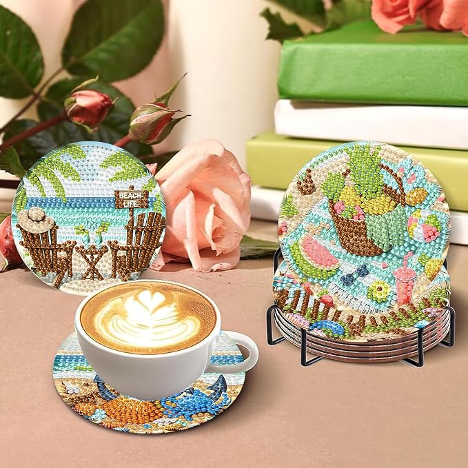 Benjenes 8 PCS Diamond Art Coasters Kits Beach Diamond Painting Coaster | - Image 5