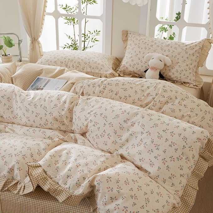 mixinni Beige Floral Duvet Cover Twin XL Size, 100% Cotton Cute Strawberry - Image 2