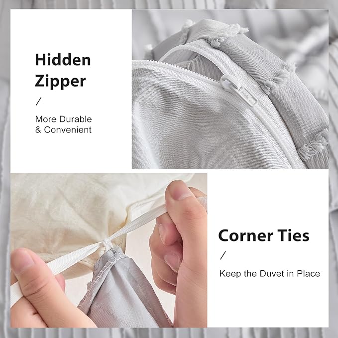 WARMDERN Light Grey Tufted Duvet Cover Set Queen Size, Striped Textured Duvet - Image 5