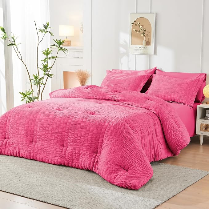 HYMOKEGE Hot Pink Full Size Comforter Sets Seersucker 7 Pieces, All Season - Image 8