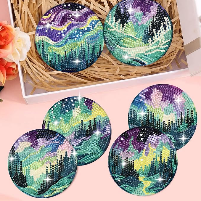 8 Pack Diamond Art Coasters, Northern Lights Diamond Painting Coasters Kits | - Image 5