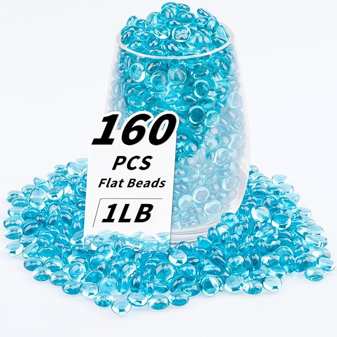 1 LB Sea Blue Flat Glass Beads, 160-180PCS Small Glass Marbles, Mini Flat Round by Foncomy