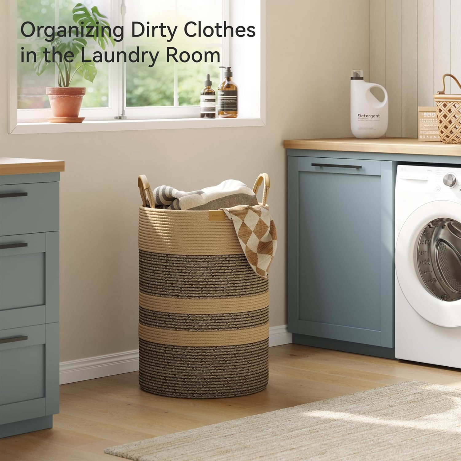 95L Striped Laundry Hamper with Leather Handles,Large Foldable Laundry Basket for Clothes,Cotton Rope Storage Bin for Blankets,Woven Clothes Basket for Bedroom,Dark Brown Stripes