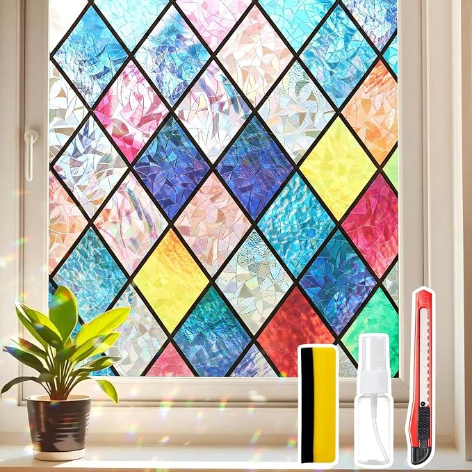 Window Privacy Film Stained Glass 17.5" x 157.4" Rainbow | Static cling – no by Unknown