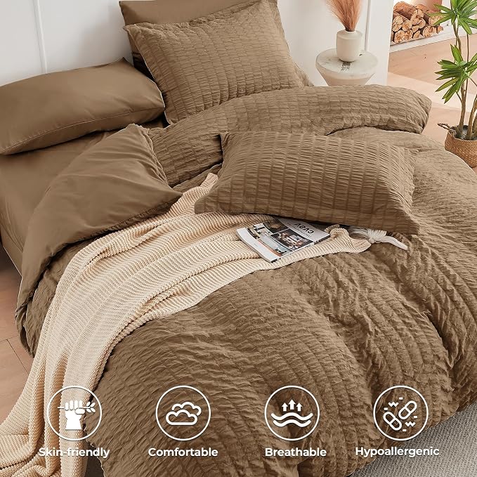 HYMOKEGE Brown King Size Comforter Set Seersucker 7 Pieces, All Season Luxury - Image 3