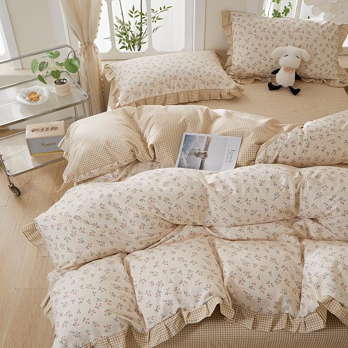 mixinni Beige Floral Duvet Cover Twin XL Size, 100% Cotton Cute Strawberry - Image 5