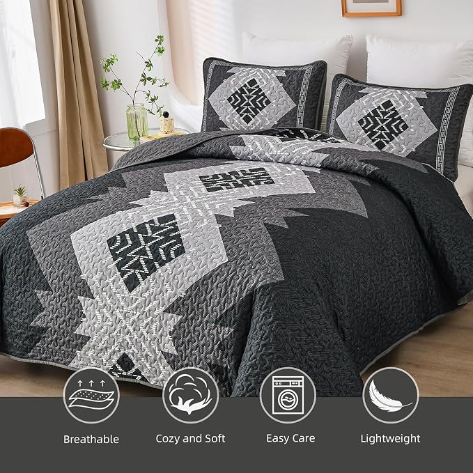 Dintszyayue Boho Queen Quilt Set 3 Pieces Black Grey Aztec Texture Bedspread - Image 3