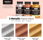 Nicpro Metallic Fabric Paint 3 Colors Gold, 25.35oz/750ml Permanent Soft Fabric - Image 2