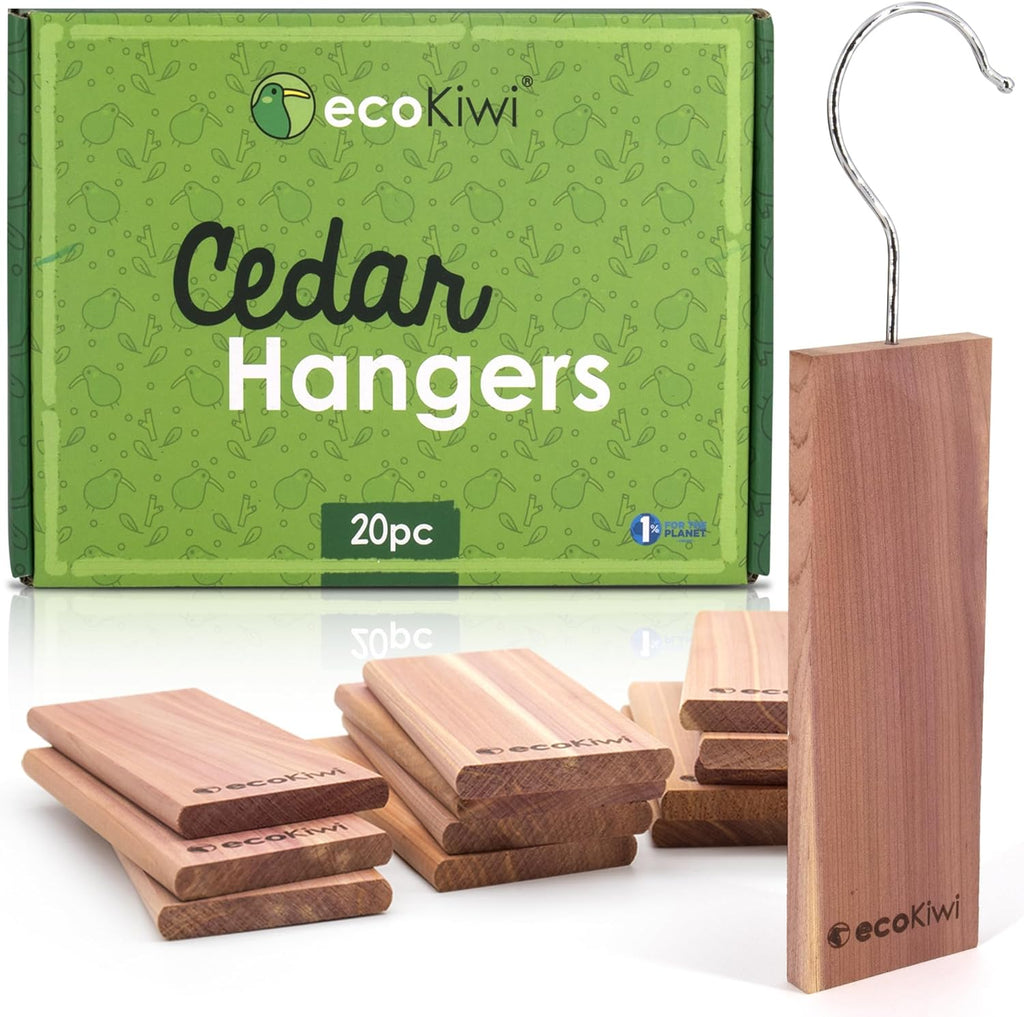 ecoKiwi Cedar Blocks for Clothes Storage - 20 Pack Hang Ups - 100% Natural Aromatic Cedar Planks for Closets and Drawers - Cedar Wood Hangers Balls Chips with Sandpaper - Cedarwood Scented Freshener
