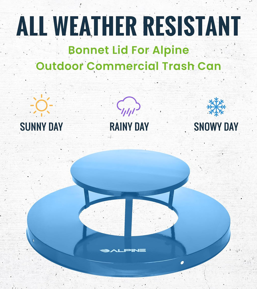 Alpine Outdoor Metal Waste Receptacle Rain Bonnet Lid - Heavy Duty Commercial Trash Can Receptacle Cover - Perfect Companion for 38-Gallon Garbage Can (Blue)