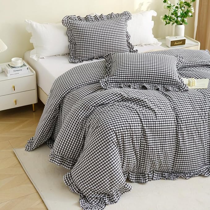 Silnuo Black/White Checkered Ruffle 3-Piece Duvet Cover Set Full Size, Washed - Image 2
