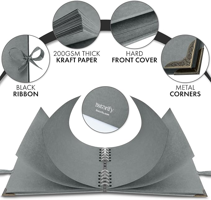 Bstorify Square Scrapbook Photo Albums 7 x 7 Inch Grey Hardcover - Image 3