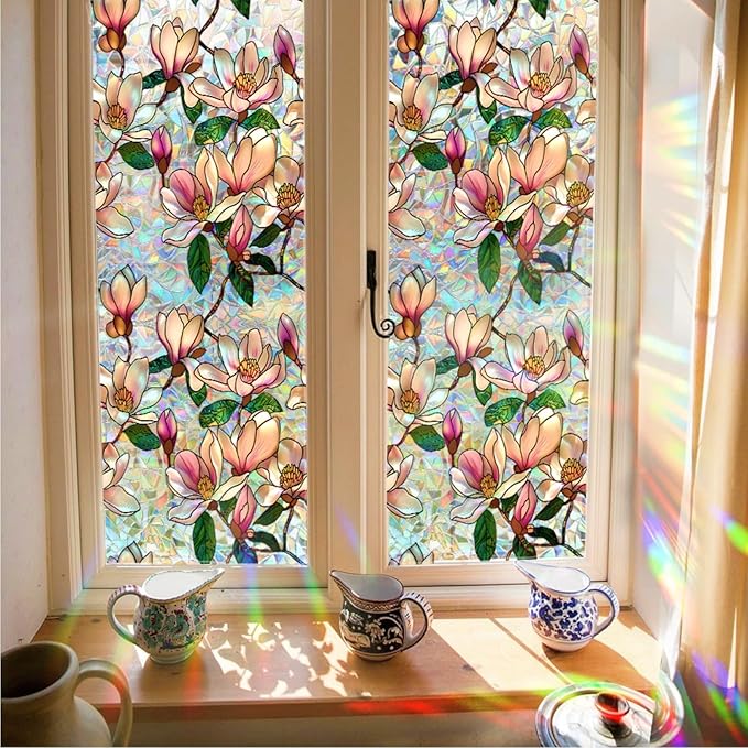 Retro Flowers Window Privacy Film, Magnolia Stained Glass Decorative Window Film by Unknown