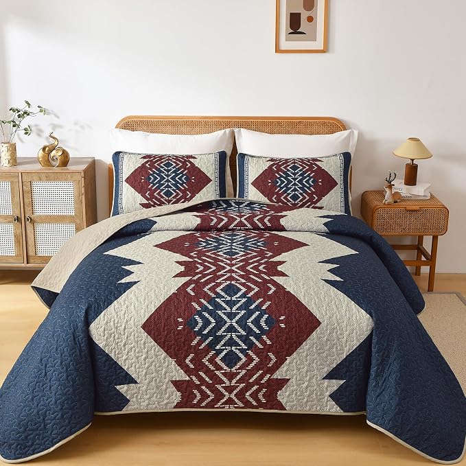 Dintszyayue Blue and Red Quilt Set King Size Boho, 3 Piece Aztec Texture by Dintszyayue