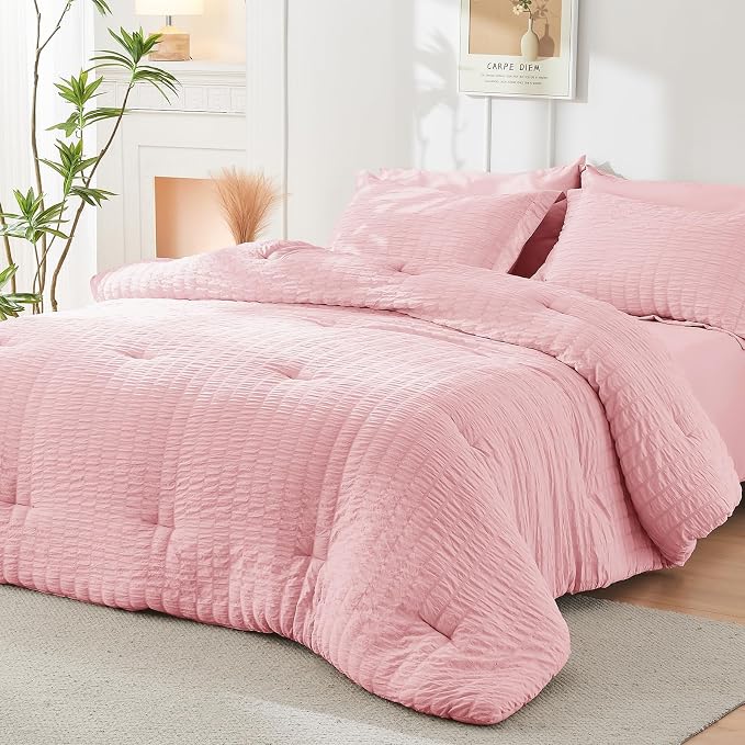 HYMOKEGE Pink Queen Comforter Set Seersucker 7 Pieces, All Season Luxury Bed in - Image 8
