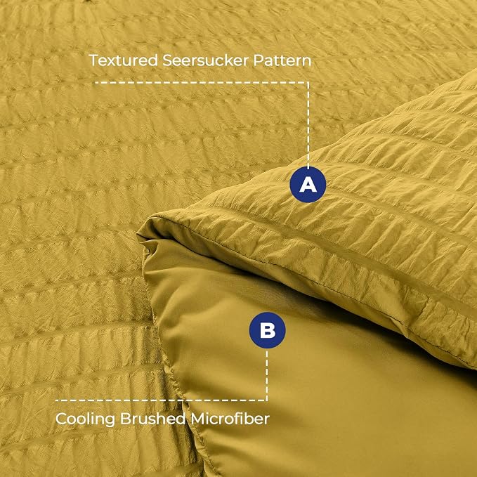 HYMOKEGE Mustard Yellow Duvet Cover Queen Size, Ultra Soft 3-Piece Seersucker - Image 3