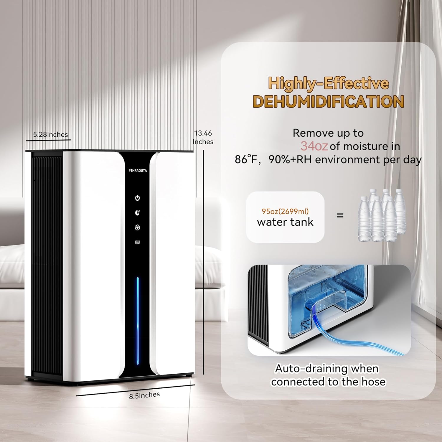 95oz Home Dehumidifier, (950 sq.ft) Quiet dehumidifier for Bedroom Bathroom with Drain Hose, with Air Reusable Filter Indoor deshumidificador for Basement RV Closet