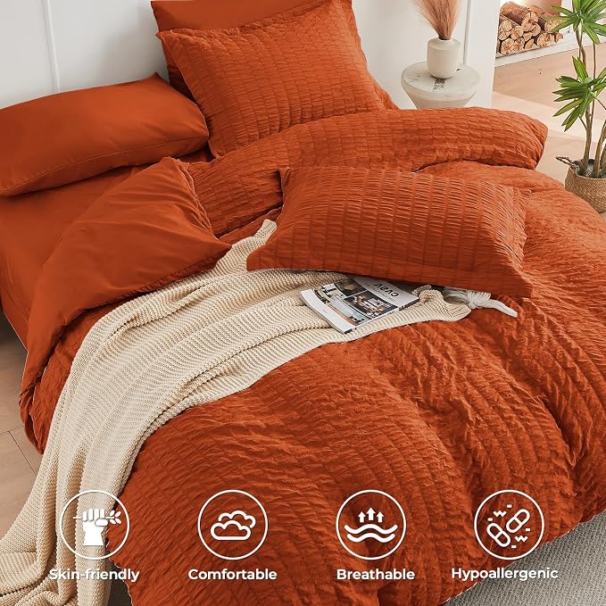 HYMOKEGE Burnt Orange Duvet Cover Full Size, Ultra Soft 3-Piece Seersucker - Image 2
