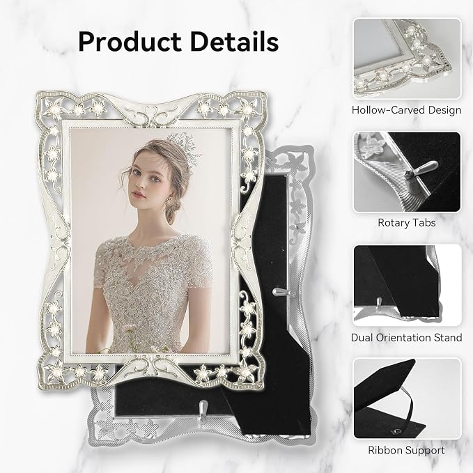 DIKAR Vintage 5x7 Picture Frame, Pearl and Flower Decoration Silver Metal Photo - Image 5