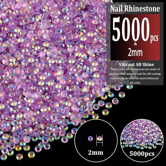 5000pcs 2mm Resin Rhinestones Bulk, Transparent Lavender Purple AB Flatback - Image 2
