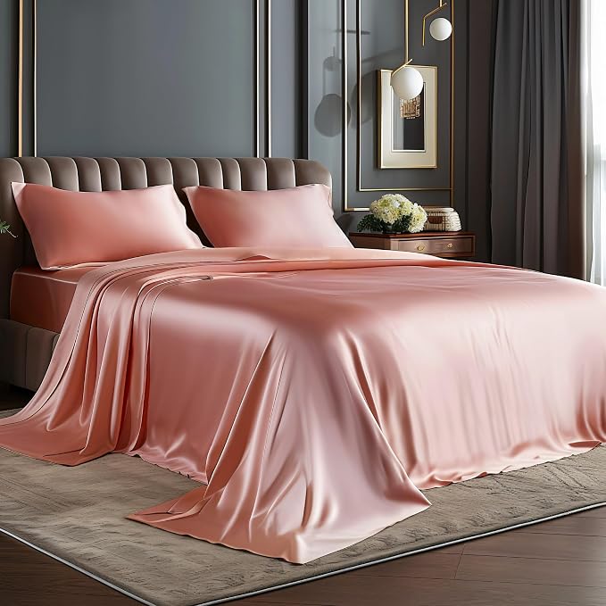 BEDELITE Satin Sheets Full Size Bed Set, Luxury Soft Rose Pink Silky Sheets by BEDELITE